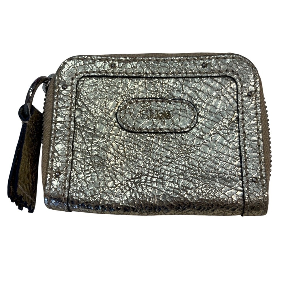 Chloe Metallic Crackle Leather Zip Coin Purse Pouch Gold Tone Hardware